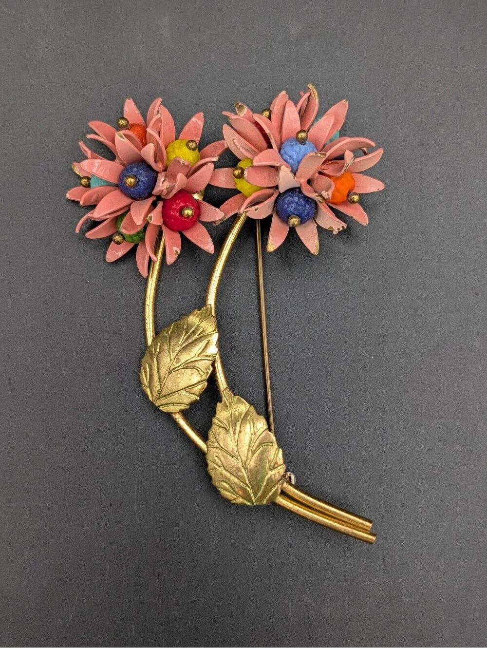 Vintage 1950s Pink Enamel Flower Brooch Hand Wired Molded Glass Bead Cluster